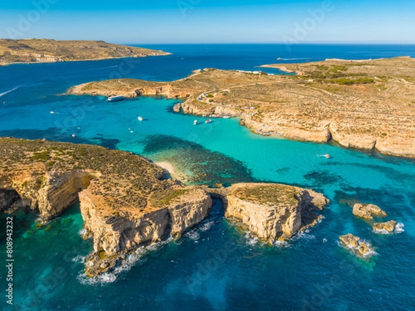 Obraz Drone view of popular Blue lagoon on Comino island. Mediterranean sea, Malta
