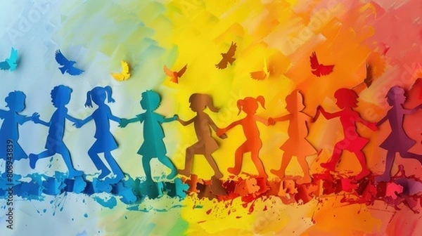 Fototapeta Silhouettes of children playing on a colored background. The children are holding hands. Children Protection Day.