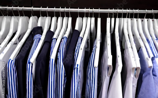 Fototapeta Close up of laundry rack with clean shirts