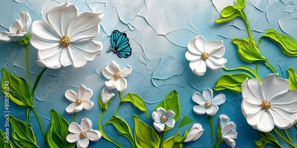 Obraz White Blossom flowers with blue butterfly in artistic oil painting. Summer art illustration.