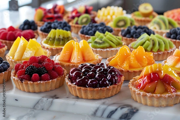 Fototapeta Array of Fresh Fruit Tarts: Colorful Patisserie Selection. A delectable display of fruit tarts topped with fresh strawberries, kiwi, blueberries, and citrus on a marble countertop.