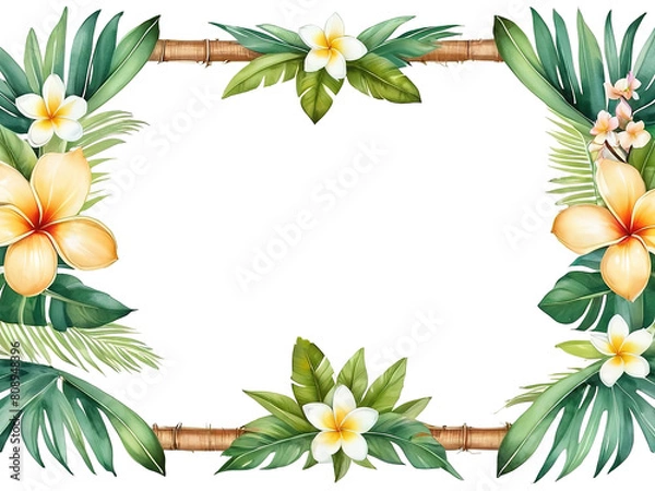 Fototapeta Frame with palm leaves and frangipani flower. Isolated white background