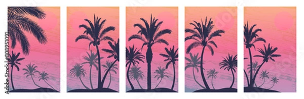Fototapeta Summer vertical background, silhouette of palm trees on beach, set. Tropical dusk landscape. Vector illustration