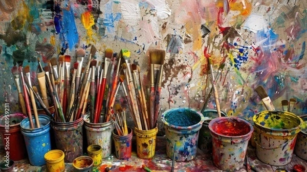 Obraz Messy paint brushes. Generative AI