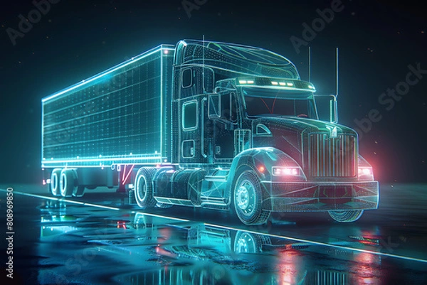 Fototapeta A wireframe-based visualization featuring a transport truck against a glowing translucent background, showcasing modern transportation technology.