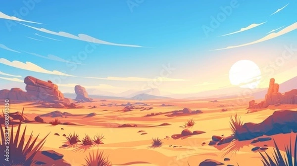 Fototapeta Summer vector illustration with beautiful background. Desert, sand, mountains, grass, cactus, sky, sun and clouds.