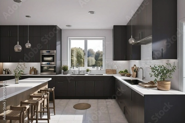 Fototapeta Modern Kitchen Interior Design, Chairs Dining Table Kitchenware, architecture