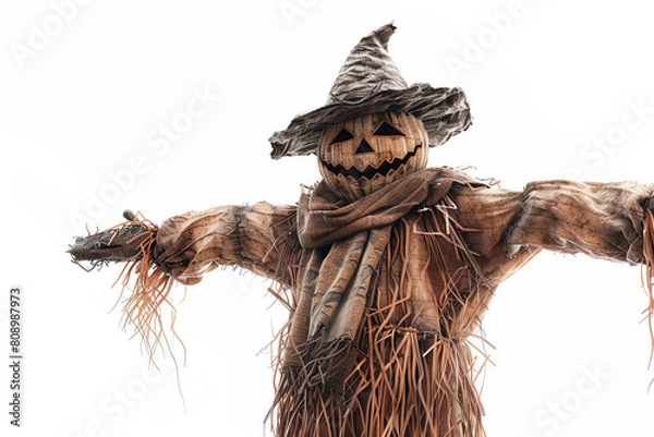 Fototapeta A scarecrow with a pumpkin on its head and a wicked witch hat