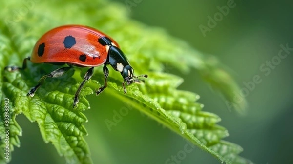 Fototapeta a lady bug, Harmonia axyridis perches on a leaf. generative ai