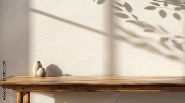 Obraz Shadow on white wall with empty table for product presentation, minimal, copy space texture background.