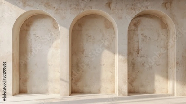 Fototapeta Three arches. Clear lines. Flat smooth surfaces decorated with ragging painting technique. Pastel beige hues. Straight view. Eye level --ar 16:9 Job ID: 2567ec33-7def-4813-894e-b91229833f38