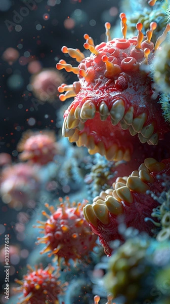 Obraz Illustration of bacteria in the mouth, open mouth. Unusual picture.