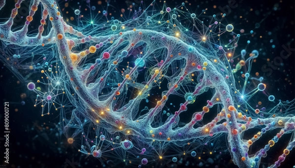 Fototapeta 
A fantastic image of a luminous DNA spiral of an extraterrestrial organism, an alien consisting of neural networks