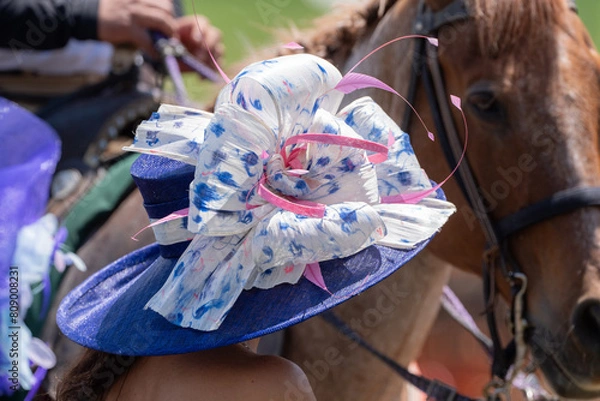 Obraz A women's fashionable hat is worn at a horse race