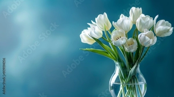 Fototapeta Studio-lit close-up of elegant white tulips in a clear glass vase, softly isolated on a blue background for an elegant, refined look