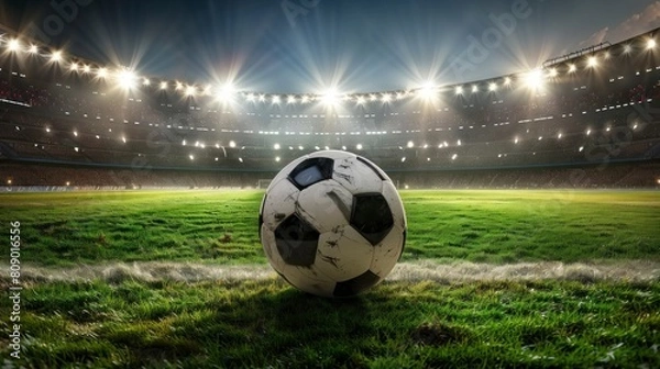 Fototapeta classic soccer ball on grass in a stadium in high resolution
