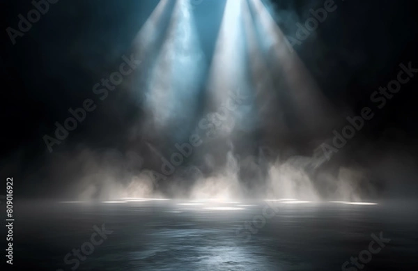 Fototapeta Abstract image of dark foggy room concrete floor Black room or stage background for product placement