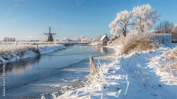 Obraz Traditional windmills by the canals in a quaint village, snow-covered landscape and frozen waters, under a clear winter sky