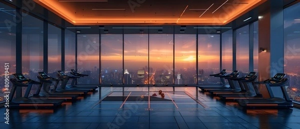 Fototapeta High-end luxury fitness in a high-rise building Looks comfortable with a large mirror. The city view outside is very beautiful. Ideal for use as design inspiration for designers or property owners.