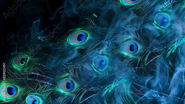 Fototapeta Smoke gently diffusing in a pattern reminiscent of peacock feathers, in brilliant blues and greens against a black background.