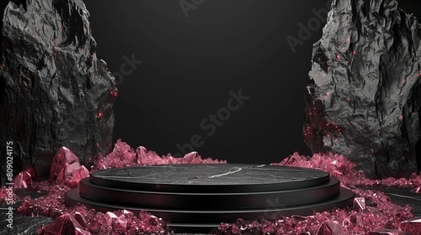 Fototapeta 3d presentation pedestal or dais with red ruby crystal at background, stage podium elegant luxury stand on dark background, for precious product display showcase.