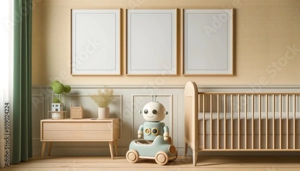 Fototapeta Three poster frame mockup in child room with oval crib,kid's room background, robot on round sofa, pastel yellow wallpaper, copy space.
