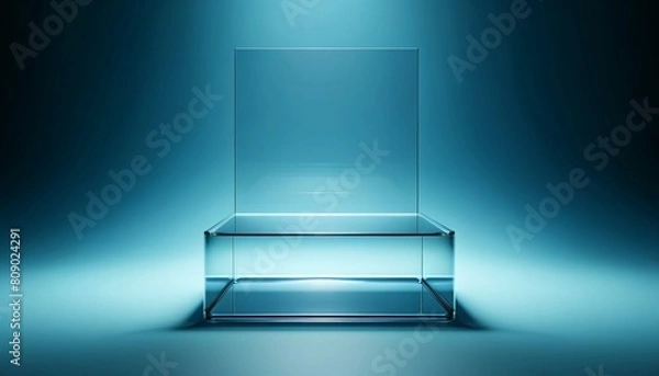 Fototapeta Empty blue glass showcase display podium on minimal blue background, modern display glass stage for business product, scientific or digital product show, with light.