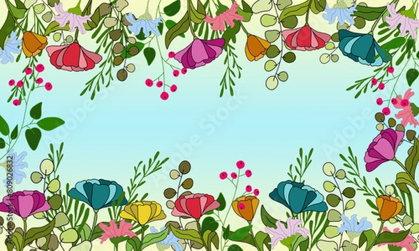 Fototapeta Floral pattern with colourful flowers and leaves, branches, spring illustration, bright blossom background, for postcard, greetings card, invitation, for consideration birthday, nice frame