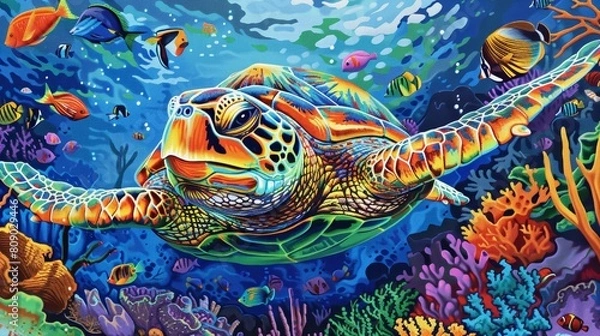Fototapeta Tropical Turtle Encounter, A playful, brightly colored turtle in tropical waters, surrounded by small fish and coral, depicted in a vibrant, lively style to capture the essence of ocean life