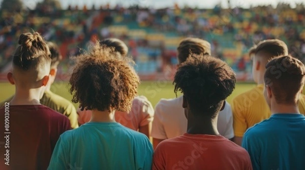 Fototapeta A crowd of individuals standing together in front of a soccer field, possibly preparing to watch a game or event.