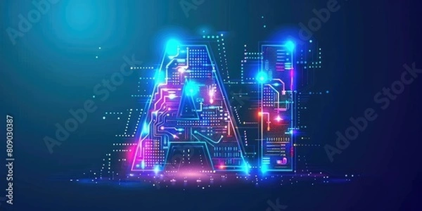Obraz Vector logo with the letters AI made of circuit board, on a dark blue background. The concept symbolizes artificial intelligence and technology in a vector illustration design