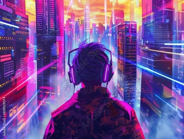 Fototapeta Futuristic Neon City Soundscape Enveloping a Person in Vibrant Pop Art Splendor