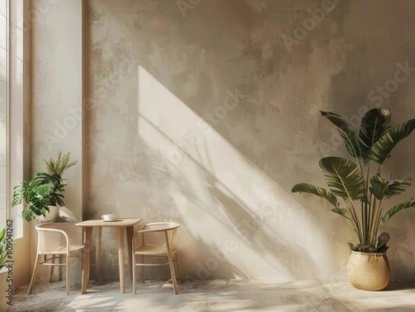 Fototapeta Serene Minimalist Caf Interior with Calming Natural Elements and Inviting Atmosphere