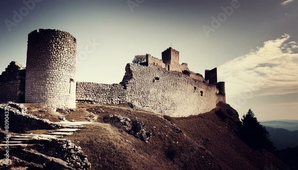 Fototapeta castle ruins, featuring the rugged beauty of crumbling walls and moss-covered stones Old fort for use in war rescue background