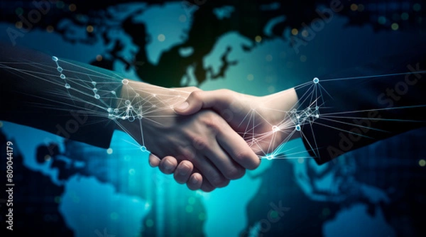 Fototapeta Group of multinational people shaking hands and digital technology concept. Banner