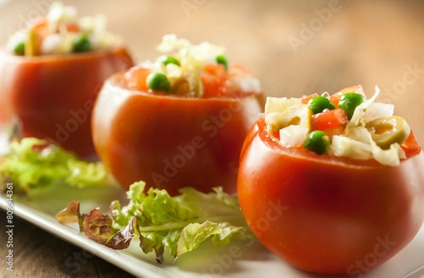 Fototapeta Front view of three tomatoes stuffed with vegetables and green olives