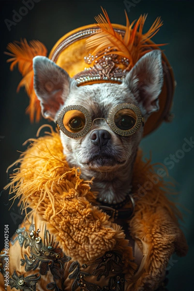 Fototapeta The Profile of A Dog Dressed in Extravagant, Overly Ornate Attire Against A Single-Color Background