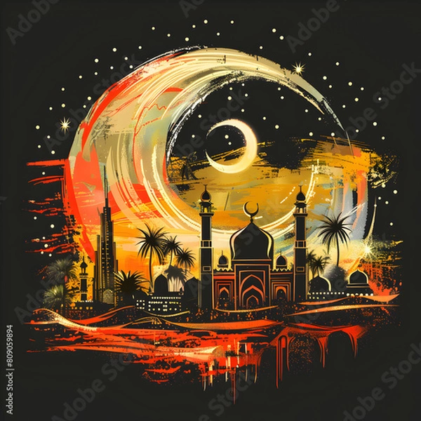 Obraz watercolor Eid al adha islamic logo, t-shirt, poster, design.Eid al adha, eid al fitr concept illustration background,Generative Ai