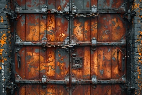 Fototapeta Detailed image showcasing weathered iron chains across a rusted and textured metal door