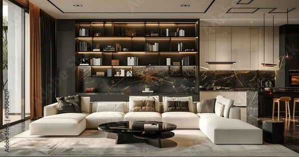 Fototapeta modern living room with white and black furniture, double height space