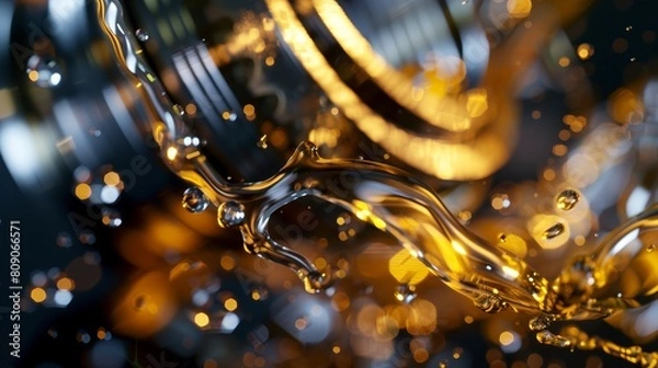 Fototapeta Lubricated Precision, A close-up view of a metal bearing, with oil splashing dynamically around it, highlighting the essential role of lubrication in machinery maintenance