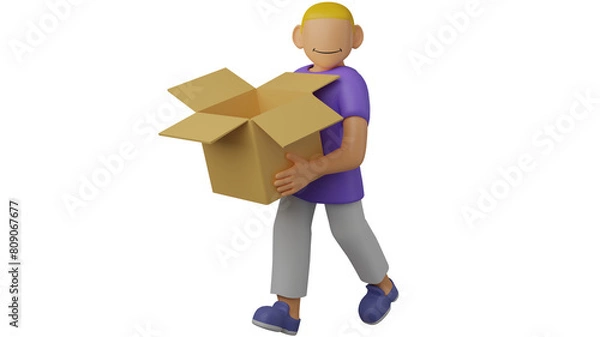 Fototapeta 3D Illustration of A Character for Web Lifting Cardboard Box
