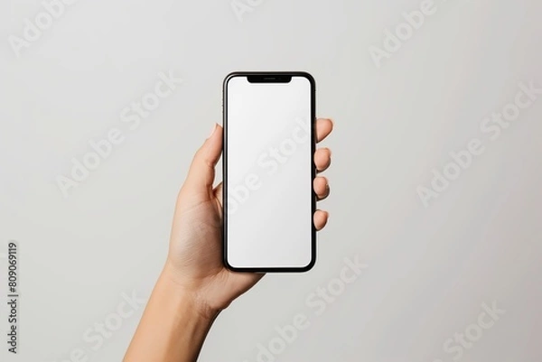 Fototapeta Woman Using a Smart Phone White Screen on a White Studio Backdrop. Close up Girl Hand Holding Mobile Phone Chroma Key Screen. Young Caucasian Female is Showing, WhiteScreen Phone. Mock-Up Display