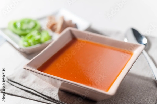 Fototapeta Gazpacho Andalusian tomato with cucumber and green pepper