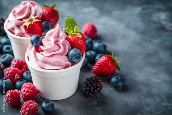 Obraz Two cups of pink frozen yogurt garnished with fresh strawberries, blueberries, and raspberries on a dark textured background, ideal for summer or healthy lifestyle concepts