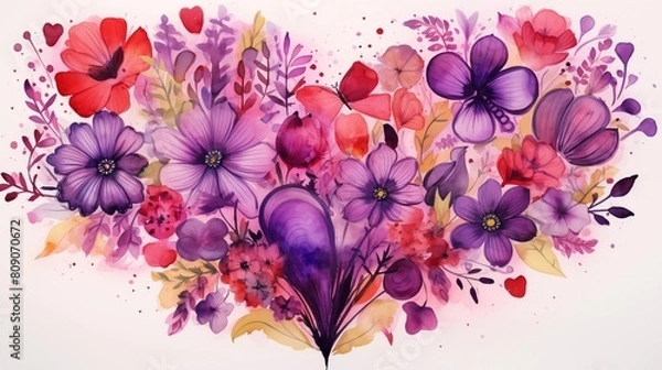 Fototapeta Vibrant watercolor floral arrangement illustration with heart shapes
