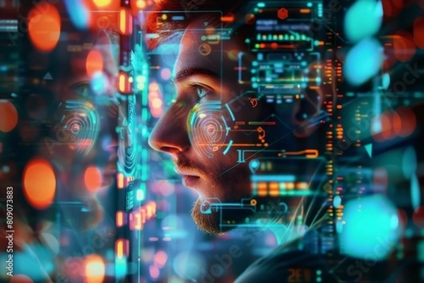 Fototapeta Closeup half body of a web developer with Glow HUD big Icon of coding