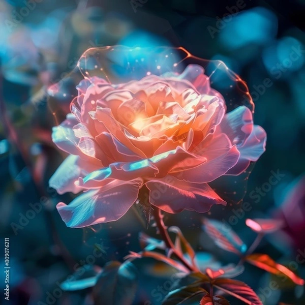 Fototapeta Glow HUD highlights a vibrant rose, enhancing its delicate petals with a nature icon blurred in the background