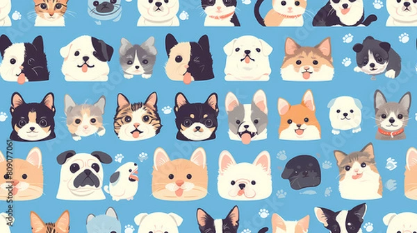Obraz Seamless pattern with cute dogs and cats. Vector illustration.