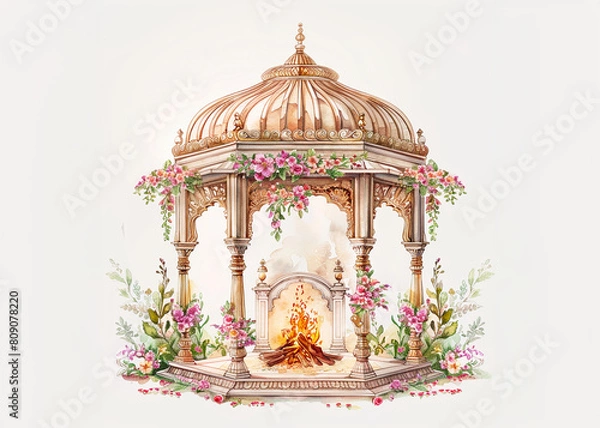 Fototapeta elegant wedding pavilion adorned with delicate floral arrangements and a glowing fire, capturing the essence of Indian elegance in soft pastel hues